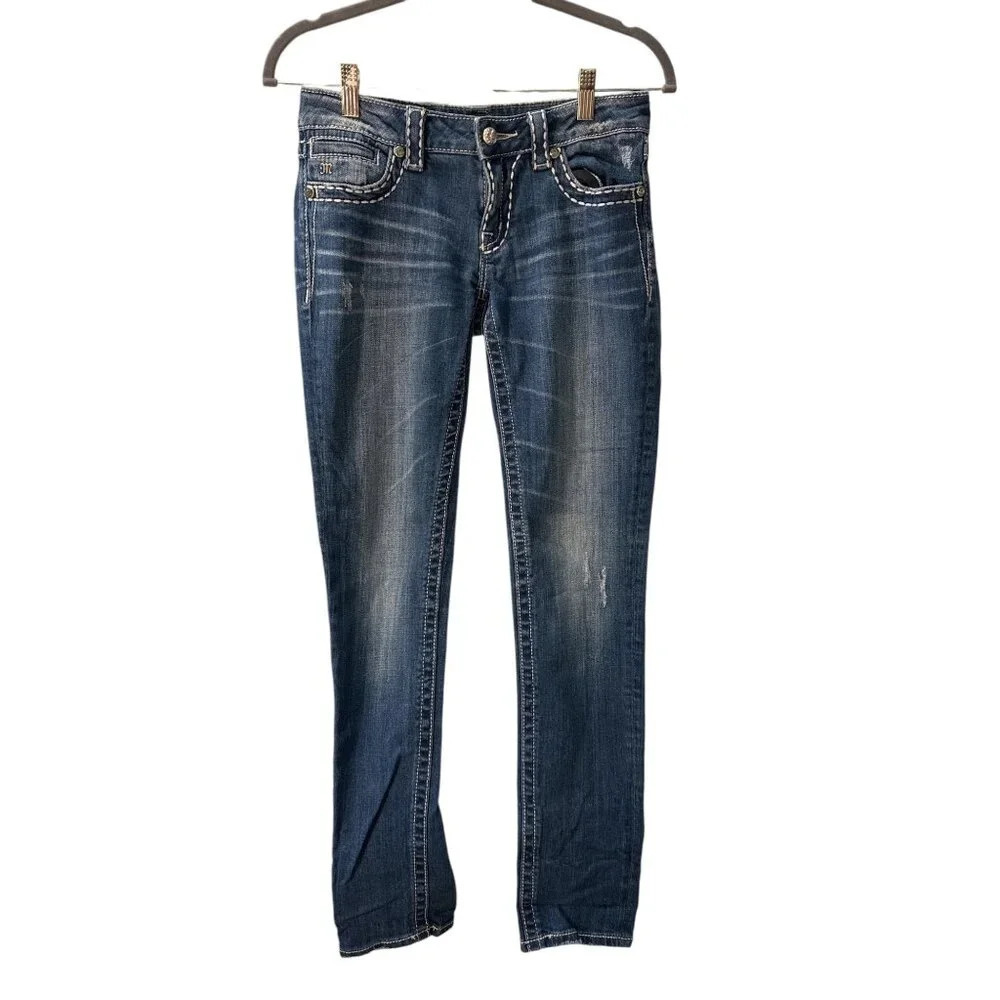 Miss Me Womens Distressed Skinny Bedazzled Glam Fleur De Lis Jeans, Sz 27.  EUC